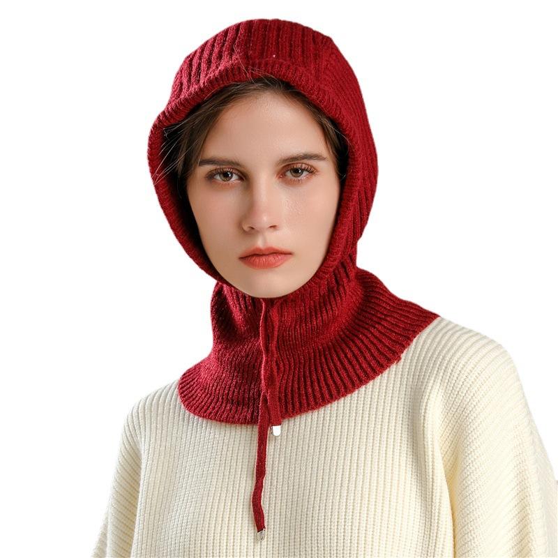 Winter Scarf And Hat Integrated For Outdoor Cycling, Warm Knit Scarf, Woolen Hat, Ear Protection, Solid Color Scarf, Drawstring