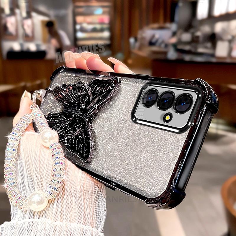 Lanyard Plating Butterfly Holder Silicone Case For Samsung Galaxy A17 A16 A26 A36 A56 A15 A25 A35 A55 A07 Shockproof Stand Cover