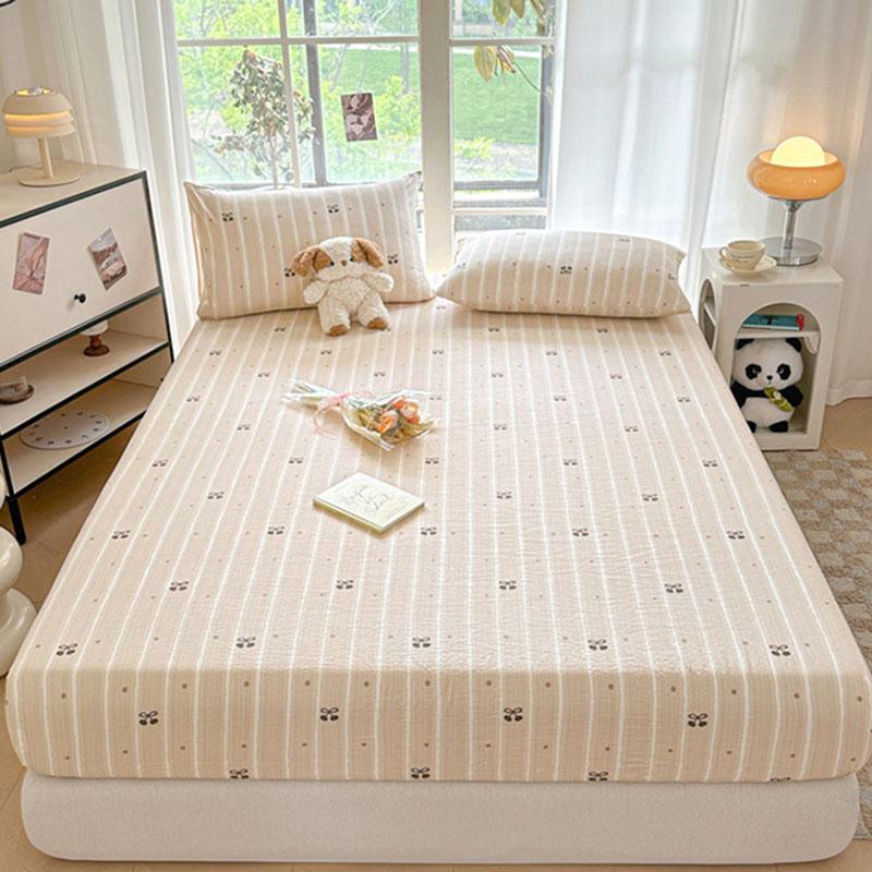 Korean Double-Layer Yarn Fitted Sheet Set Printed Mattress Protective Cover for Naked Sleep Skin-Friendly Dust Cover Kit for Bed