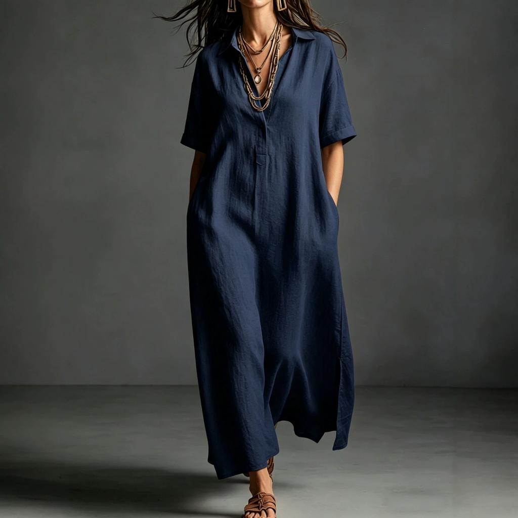 European and American women's clothing spring and summer new cotton and linen simple and elegant solid color short-sleeved lapel dress