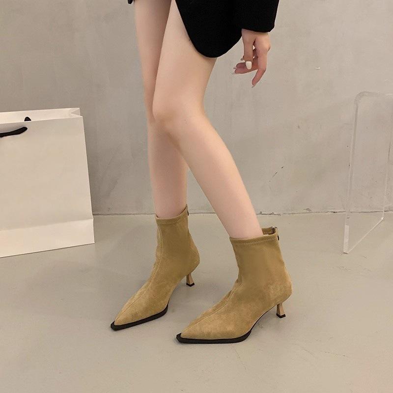 French high-heeled pointed suede khaki short boots women's new autumn and winter boots Korean small naked boots