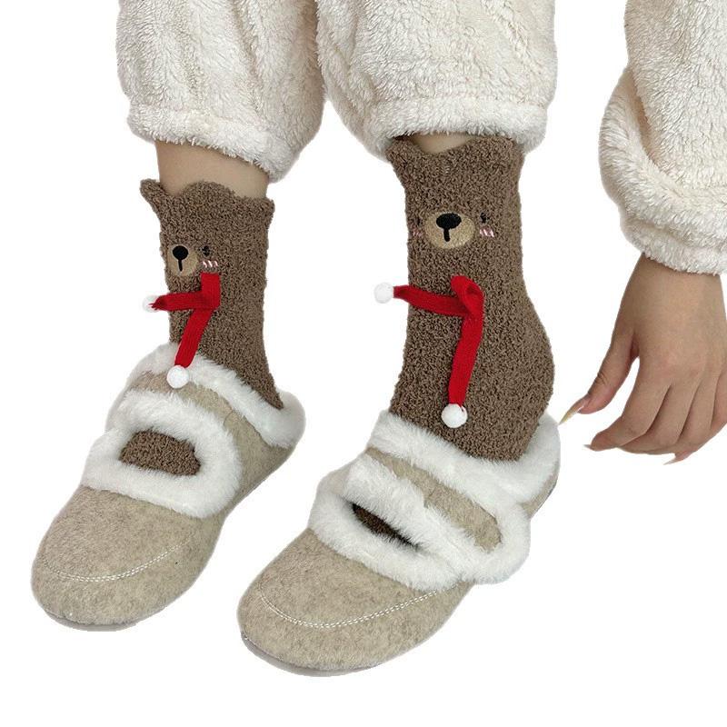 1Pair Sleep Socks Cute Little Bear Cartoon Coral Velvet Socks Soft Polyester Fiber