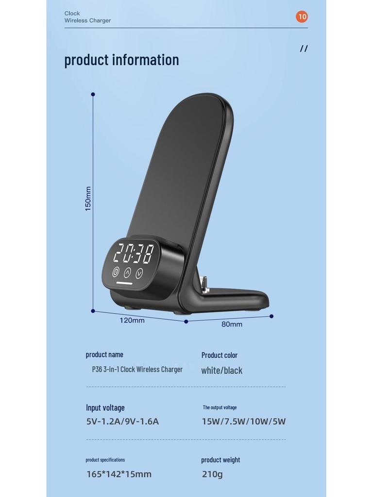 Multi-functional Wireless Charger & Phone Holder with Digital Clock and Bluetooth Earphone Dock