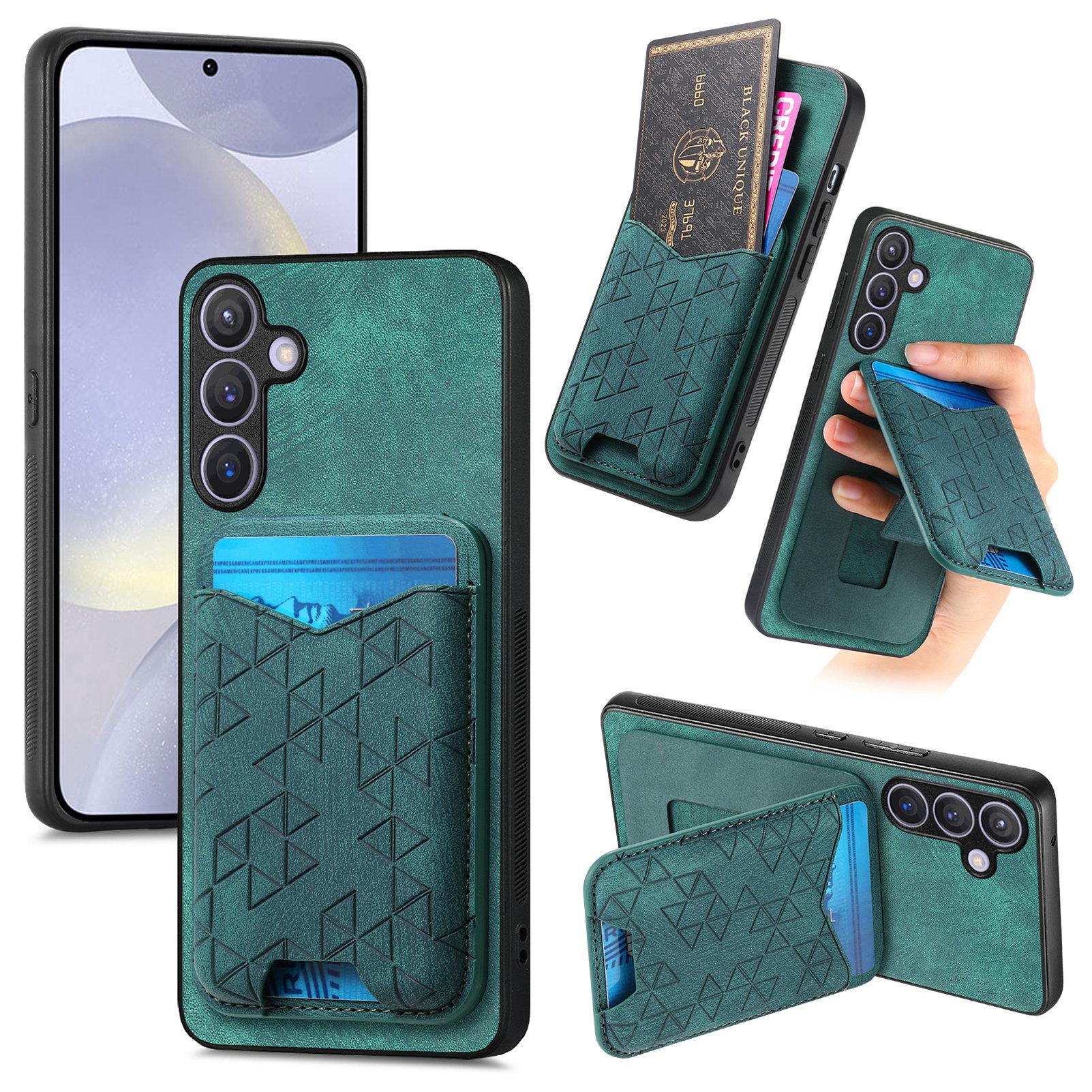 

For Samsung Galaxy S25 Case Imprinted Pattern Card Holder Kickstand Leather Back Cover Green