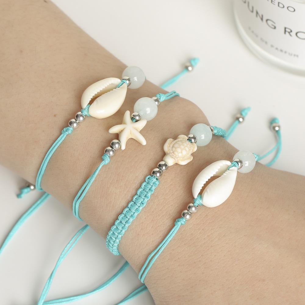 WTEMPO Women's Woven Random Bracelets Summer Beach Style Bracelets Shell and Starfish Layered Bracelets for Women Adjustable Blue Ocean Bracelets