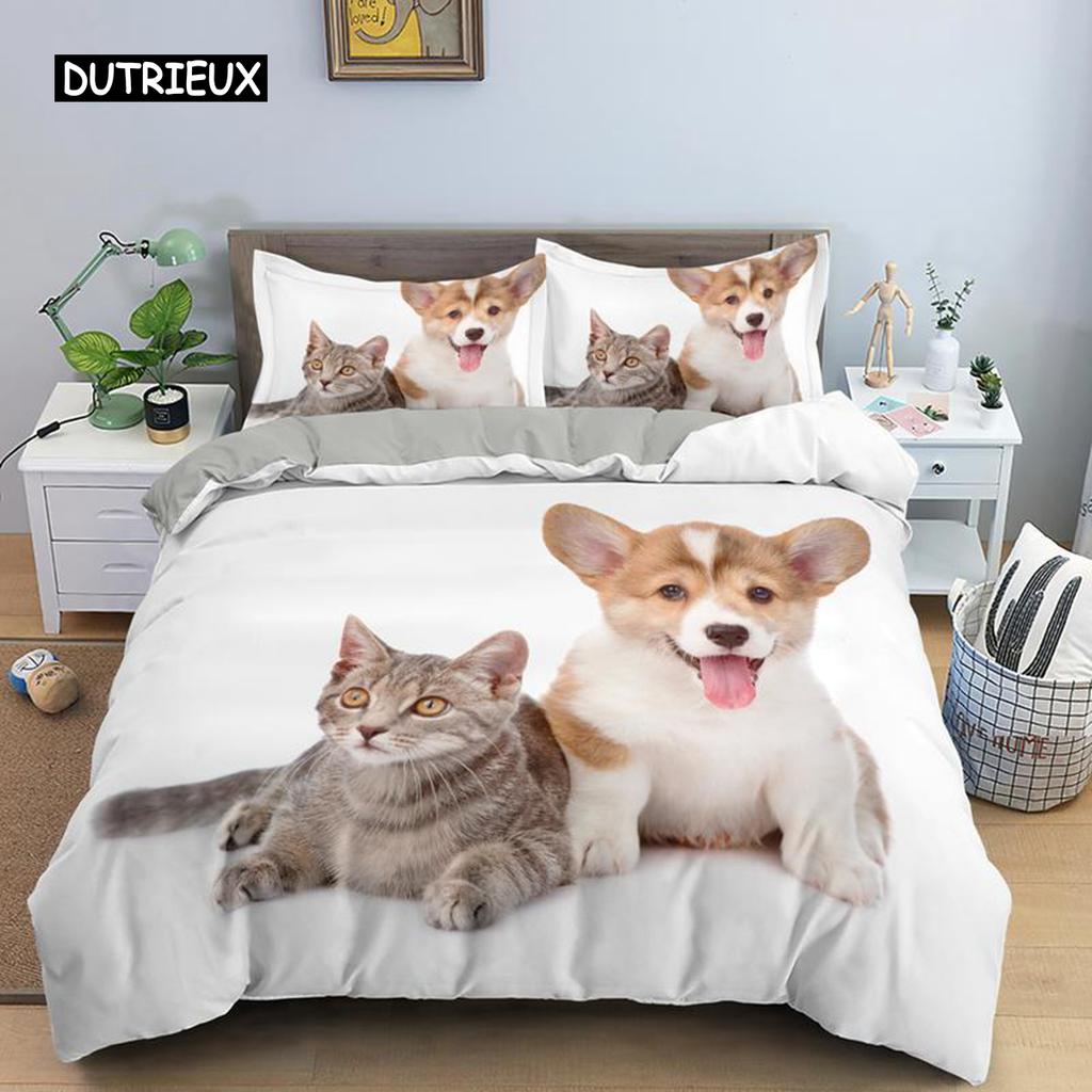 Dog and Cat Bedspread Cover Kit Queen Size Size Animal Theme Twin Size Sleep Bedding Kit for Kids Boys Girls Cozy Microfiber Fabric 3D Design Puppy