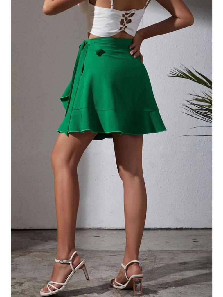 One Piece Lace Up Skirt High Waist Solid Color Ruffled Edge Short Skirt Cross-border Women's Clothing