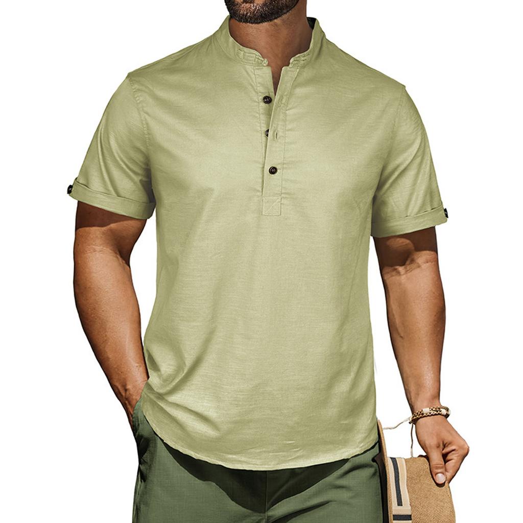 Men's Casual Shirt Short Sleeve Band Collar Linen Shirt Summer Beach Hippie T-Shirts