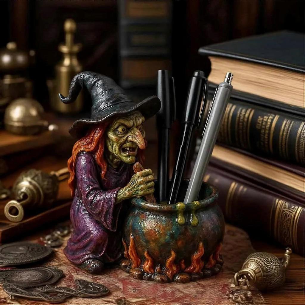 Magic Witch Pen Holder, Witch Cauldron Pen Holder for Horror Fans & Fantasy Lovers, Resin Cauldron Pen Organizer with Spooky Witch Design