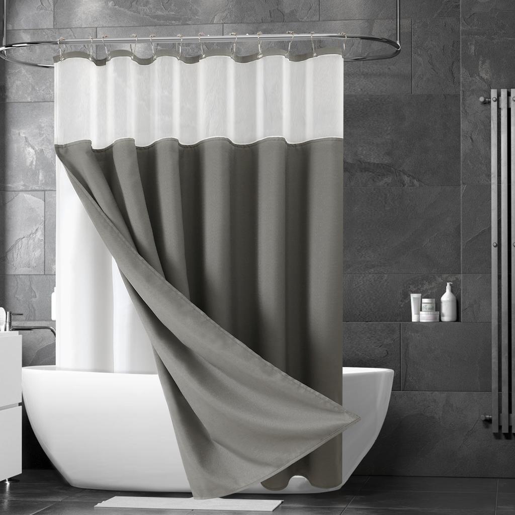 Double Layer Shower Curtain Waterproof Linen Bath Curtain Liner for Bathroom Bathtub Bathing Cover with Silver Metal Hooks