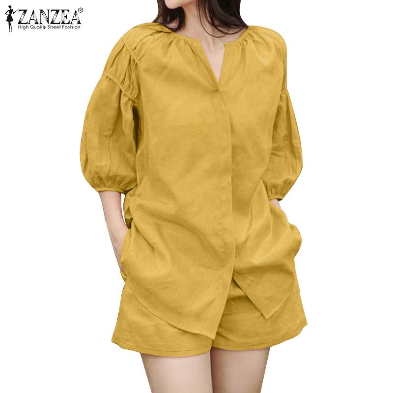 ZANZEA Women 3/4 Sleeve Blouse and Shorts Casual Two Piece Suit Set