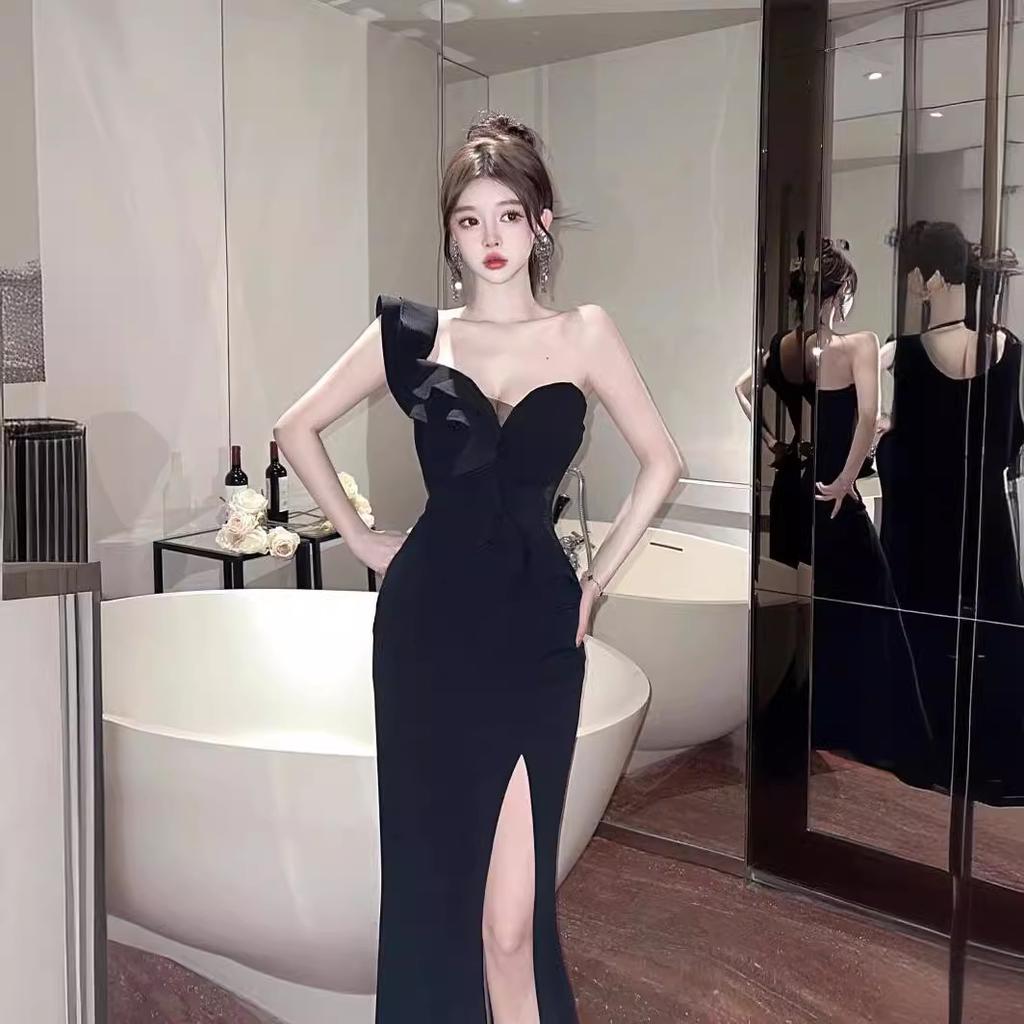 Sexy one-shoulder dress long dress women's summer ruffle edge temperament socialite high split evening dress dress high sense women