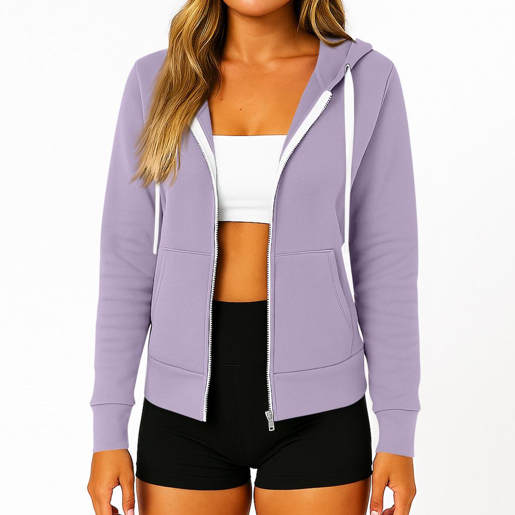Women's Fashionable Solid Color Long Sleeved Hooded Pocket Zipper Casual Sweatshirt Jacket