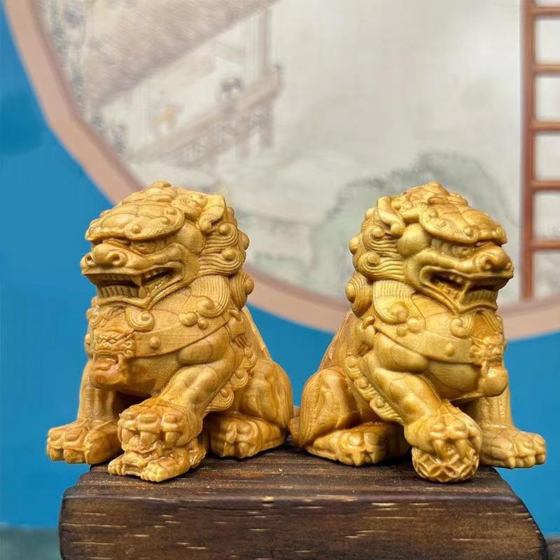 

Solid Wood Carving Decorative Ornaments of Forbidden City Lion Handmade Home Lucky Mascot Chinese Characteristic Figurines