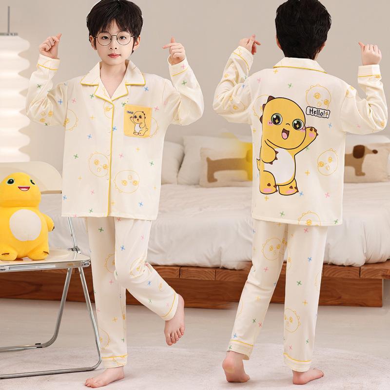 Boys Cartoon Lapel Cardigan & Long Pants Set - Autumn Style, Long Sleeve, Imitation Cotton Milk Silk Size 14