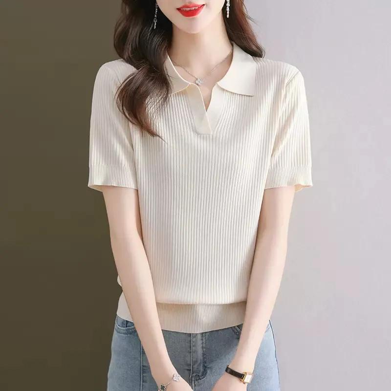Women's Light Blue Polo Collar Knit Top Ribbed Short Sleeve Casual Blouse
