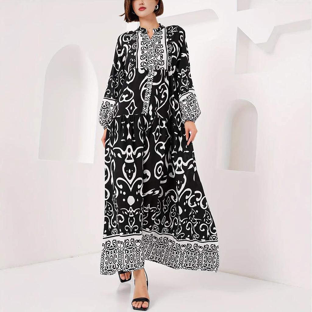 Elegant Long Sleeve V-Neck Arabic Black Dress with Islamic Print
