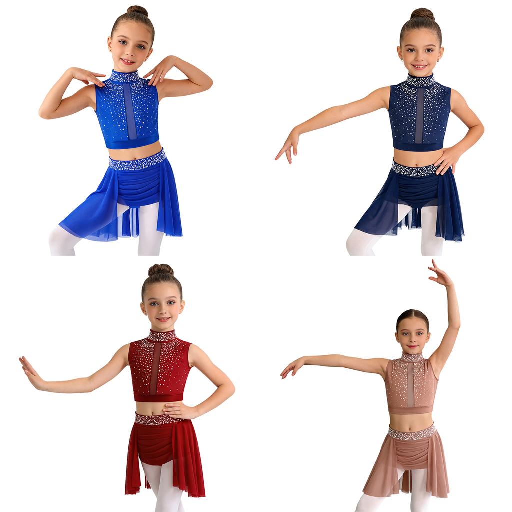 Children’s Sparkle Rhinestone Sleeveless Mock Neck Top Keyhole Back and Ruched Irregular Skirt for Dance Show Practice