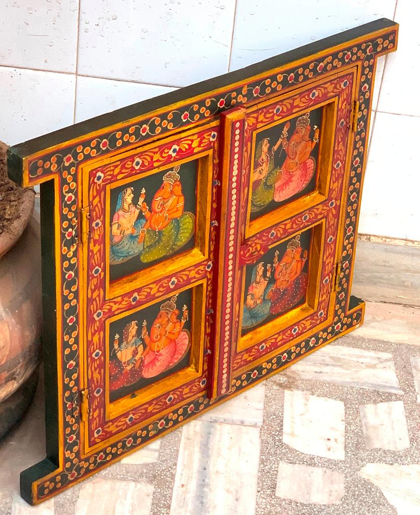 Painted Jharokha Wooden Frame: Antique Hindu God Ganesha Wall Decor