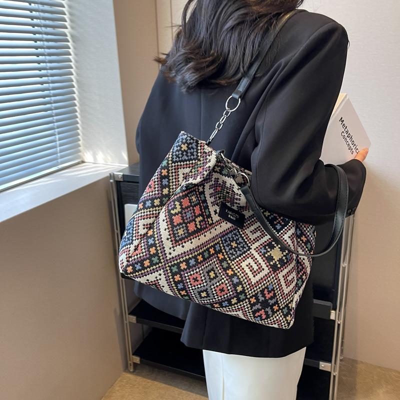 Women'S Canvas Shoulder Bags Eco Reusable Retro Ethnic Shopper Fashion Large Capacity Handbags Casual Simple Bag