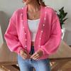 Women's V‑Neck Pearl Button Long Sleeve Knit Cardigan Loose Casual Cropped Sweater Jacket