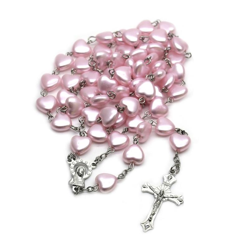 Catholic Pink Heart Bead Rosary Necklaces Mary Heart Cross Religious Amulets for Women Girl Jewelry Meditation Gift
