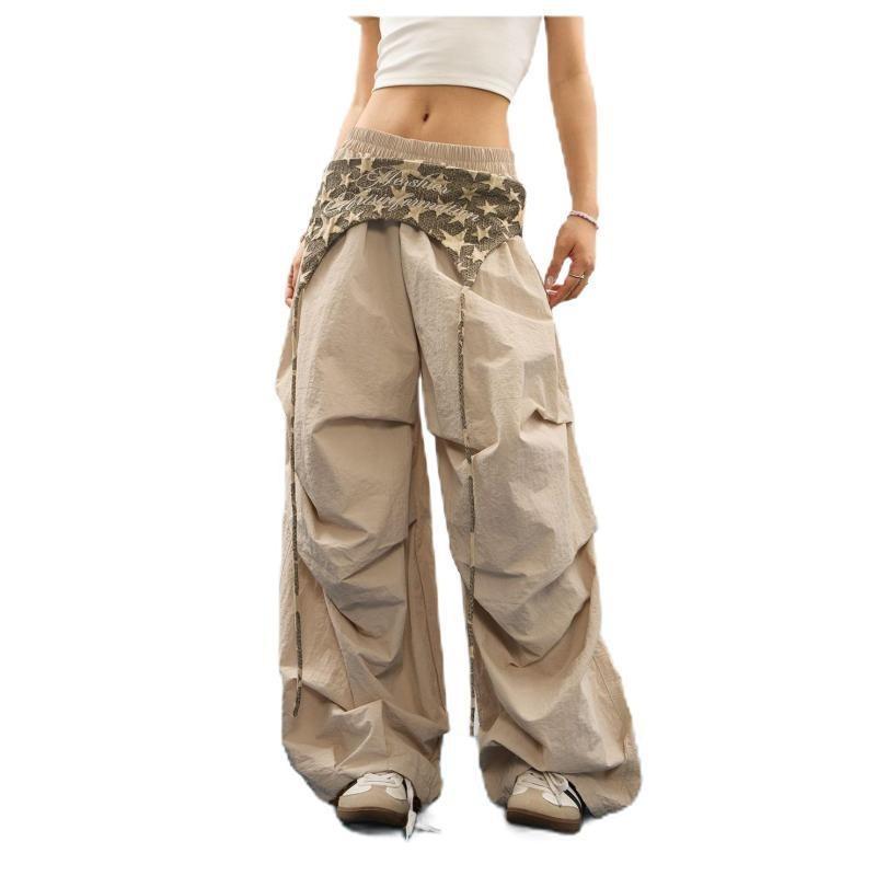 Stacked design letter print casual pants mopping pants women's summer wide-leg pants high waist loose overalls trousers