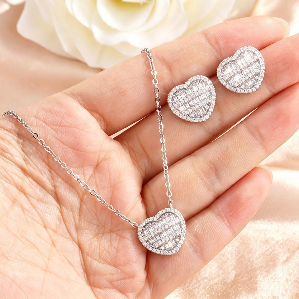 ZAKOL Sparkling Iced Out Heart Cubic Zirconia Earrings Necklace For Women Romantic Wedding Anniversary Daily Party Jewelry Gift