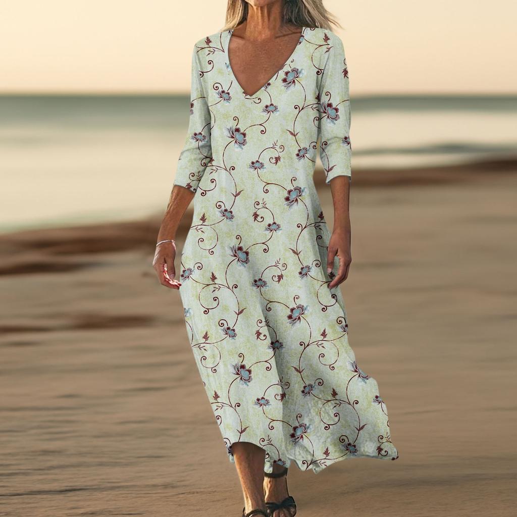 Dresses For Womens Vintage Print Tunic Waisted Midi Dress Summer Casual  3/4 Sleeve Dress