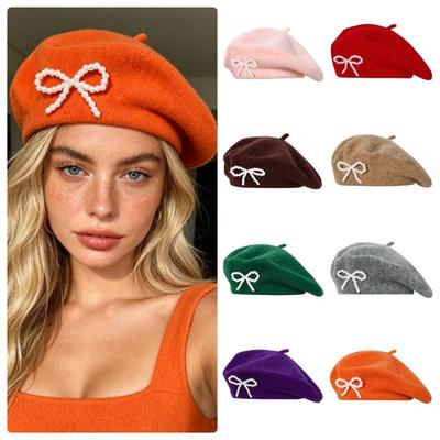 With Bow Knitted Beret Hat Korean Style Women's Hats Fashionable Berets Caps  Autumn and Winter