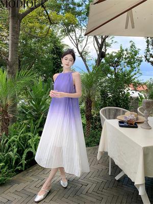 MODIQUE Summer Women Elegant Casual Beach Mesh Gauze Chiffon Sleeveless Long Dresses Holiday Lady Fairycore Sweet Atmosphere Gradient Color Dresses