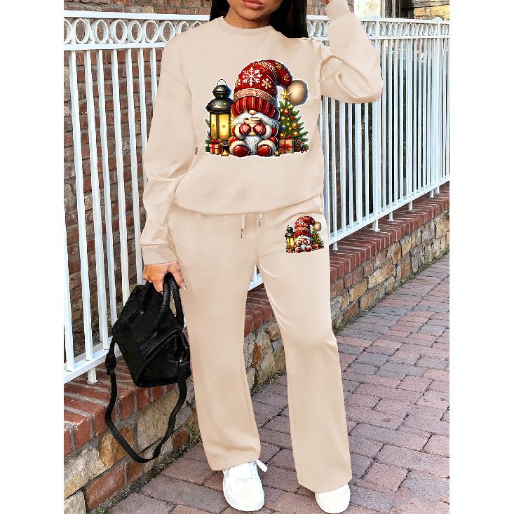 Women's Crewneck Sweatshirt & Drawstring Straight-Leg Pants 2-Piece Set, Printed Lounge Set, Fall/Winter Casual Outfit