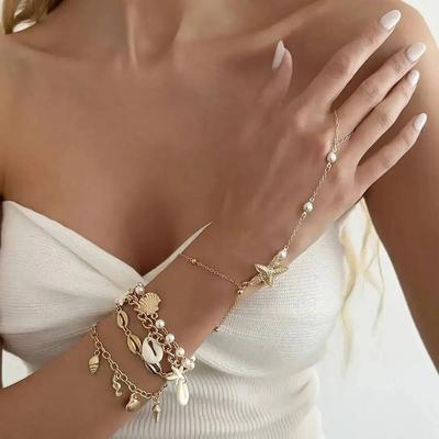 Ingemark 5Pcs/Set Trend Creative Summer Scallop Starfish Bracelet Women Bohemia Charm Imitation Pearl Bangle Beach Party Jewelry