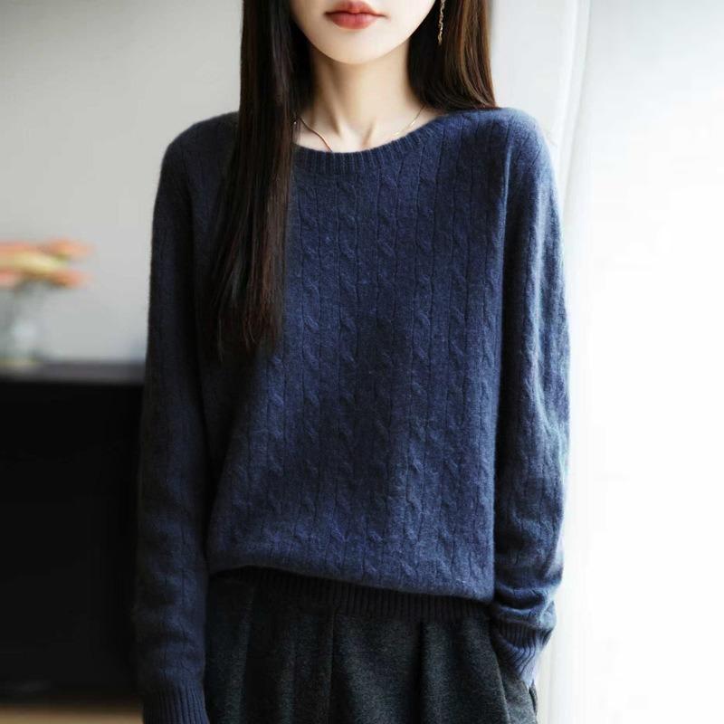 Casual Simple Women Fashion Sweater Round Neck Cable Knit Pullover Tops Loose Long Sleeve Pullover Base Layer Autumn Winter Comfortable Warm Knit Top