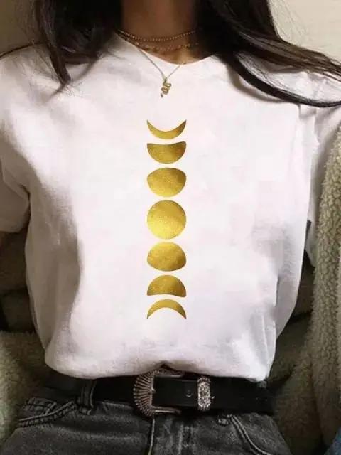 Maycaur Newest Funny Moon Print T Shirt Women White and Black Shirts Fashion Round Neck Short Sleeve T-Shirt Summer Tees Casual Top