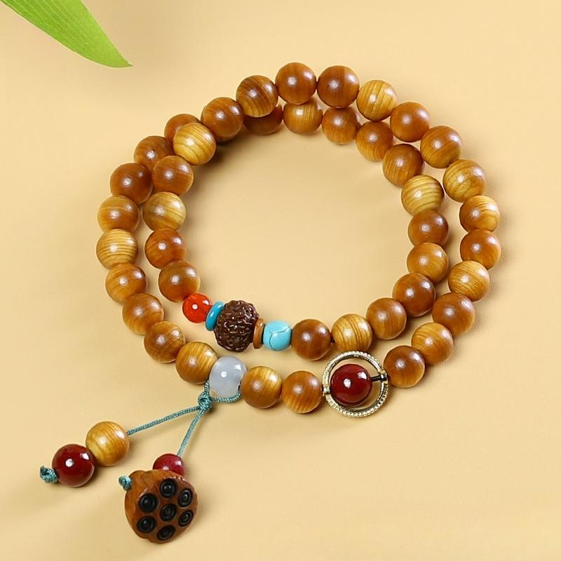 8mm Thuja Wood Bracelet Unisex Hand Polished Beaded Wrist Ornament With Carved Floral Cat Paw Lotus Pod Decor