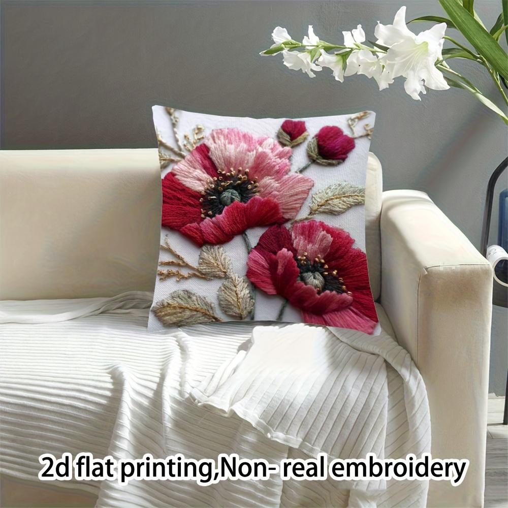 Poppy Faux Embroidery Pillow Cover 2D Floral Print Vintage Botanical Cushion Case For Sofa Bed Couch Boho French Home Decor