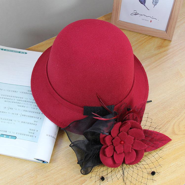 Ny höst- och vintertermomössa Dam Brittisk Retro Ullhatt Elegant Nät Blomma Cylinderhatt