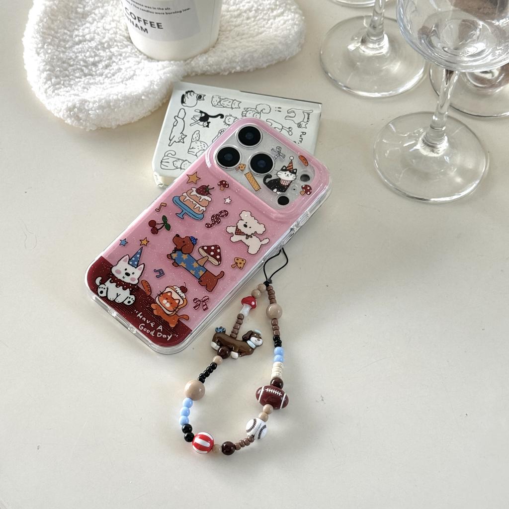 Cute Pink Animal Sparkly Cartoon with Beaded Wrist Chain Phone Case for iPhone 17 16 15 14 11 12 13 Pro Max Plus Back Cover
