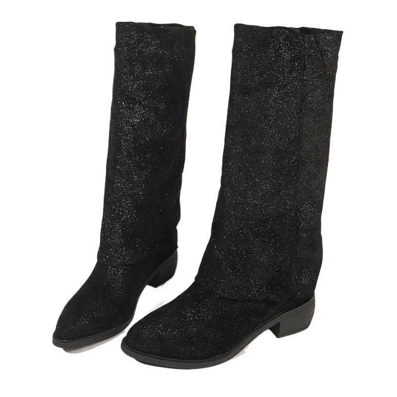 Plus Size Shoes Female Knee-High Women's Boots Elegant Modern Boots Women Sewing Pointed Toe Med Heel Slip on Ladies Shoes