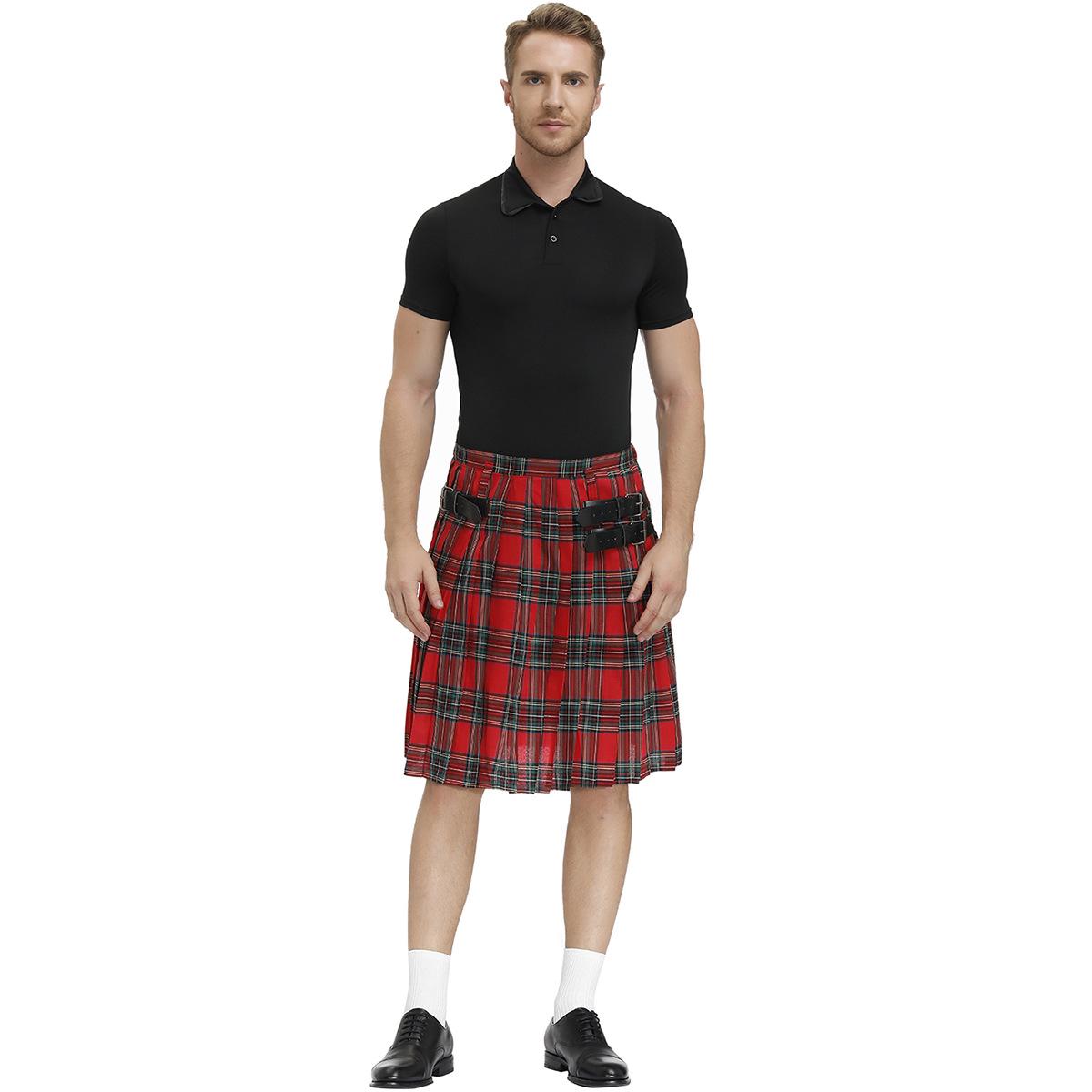 2025 German & Scottish Plaid Pleated Skirt for Men - Oktoberfest & Stage Performance Small красный