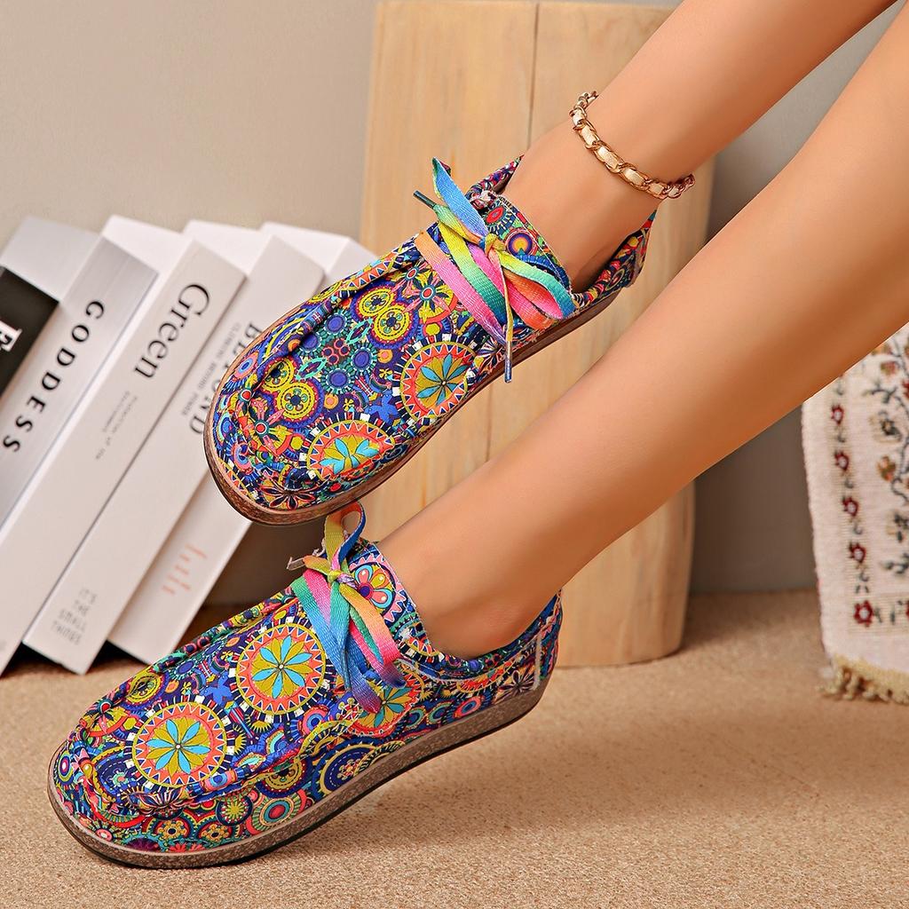 Spring Autumn Women's Cloth Shoes Ethnic Colorful Printed Canvas Shoes Female Fashion Flat Platform Casual Shoes Moc-Toe Loafers