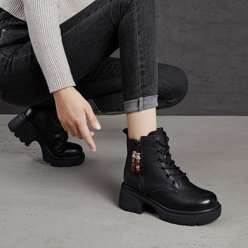 Leather Thick-soled Retro Martin Boots Women's Small Height-increasing Women's Shoes Autumn and Winter Ethnic Style Versatile Boots Women's Short Boo