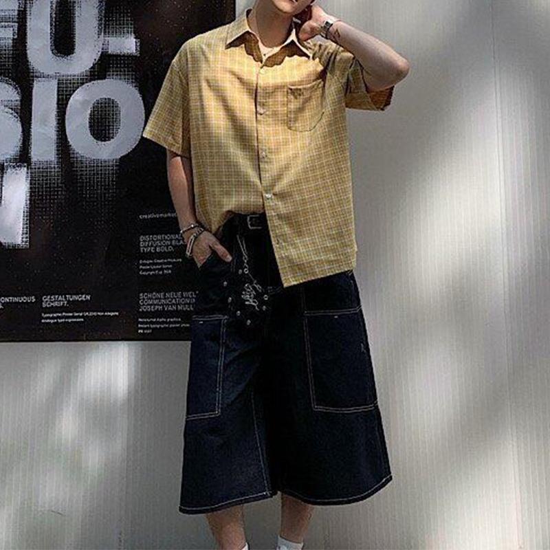 Summer Stylish Short Sleeve Shirt Men's Streetwear Vintage Button Up Turn Down Collar Shirts Trendy Men Plaid Printed