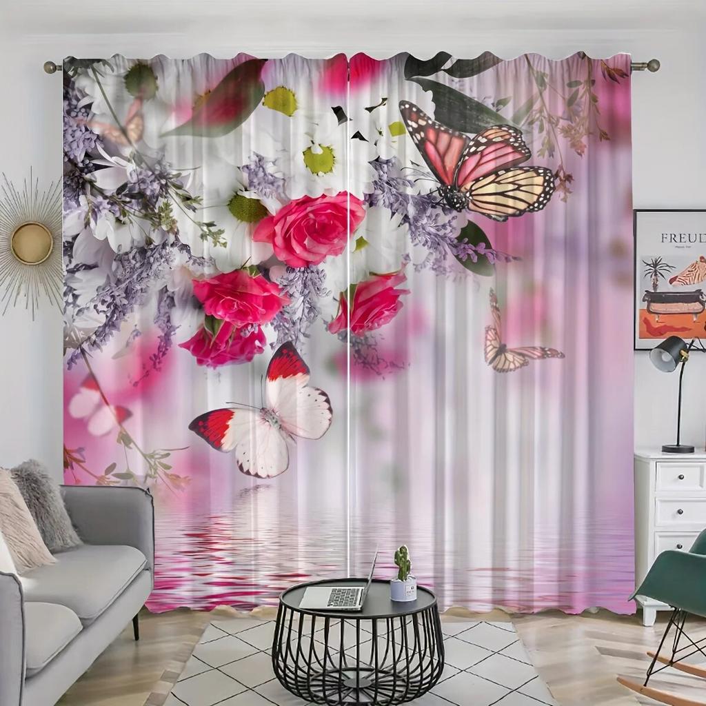 2pcs Wild Flowers Peonies With Watercolor Style Printed Curtains Rod Pocket Curtain  For Living Room Bedroom Windows Home Decor