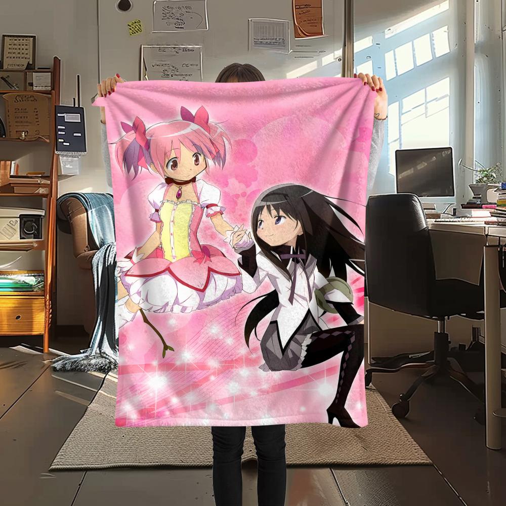 1PC Puella Magi Madoka Magica Print Flannel Blanket, High Quality All Seasons, Home Decor, Warmth and Comfort, Perfect for Christmas Gifts