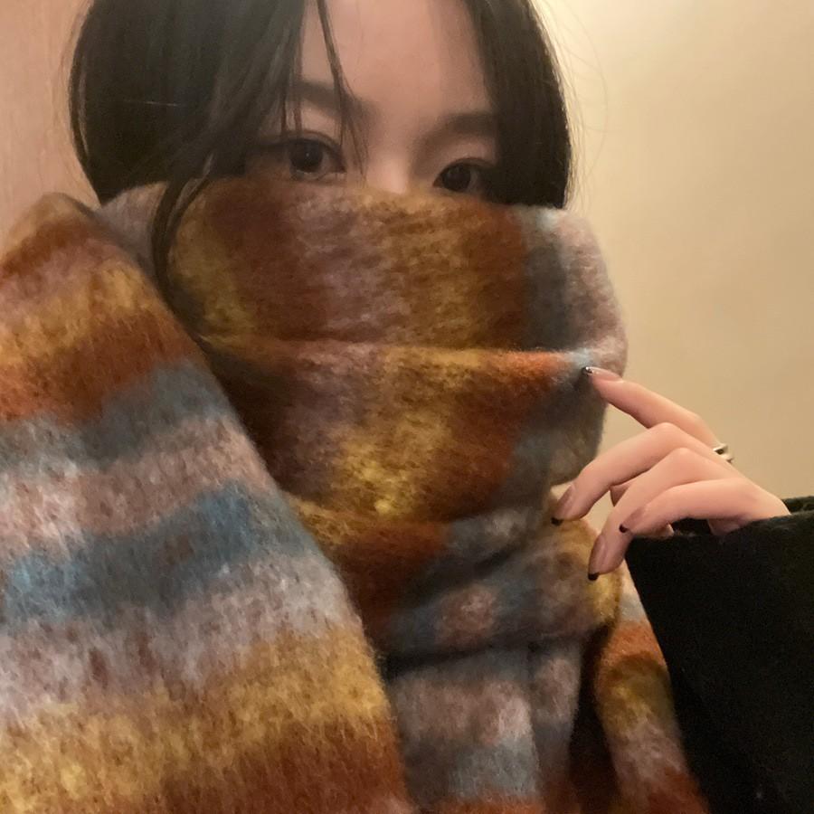 Striped Retro Thick Scarf for Girls in Winter New Korean Style Warm Scarf Versatile Shawl To Protect Against Cold and High End