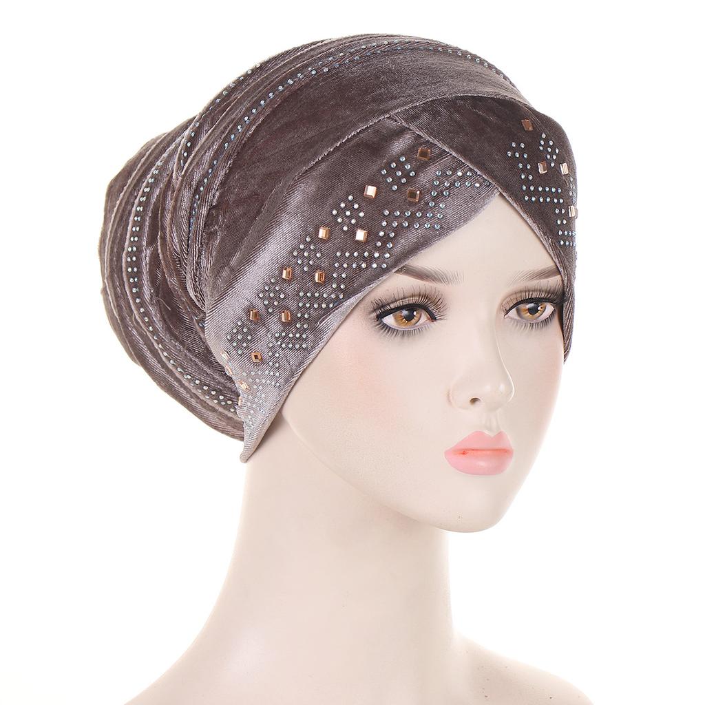 Glitter Diamonds Pleated Turban Caps for Women Soft Velvet Head Wraps Caps Muslim Headscarf Bonnet Female Beanie Pullover Cap