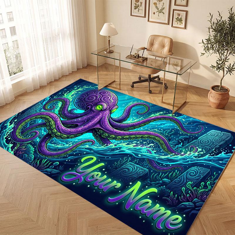 Octopus Sea Life Theme Crystal Velvet Floor Rug Personalized Custom Name Text Warm Carpet Home Decoration
