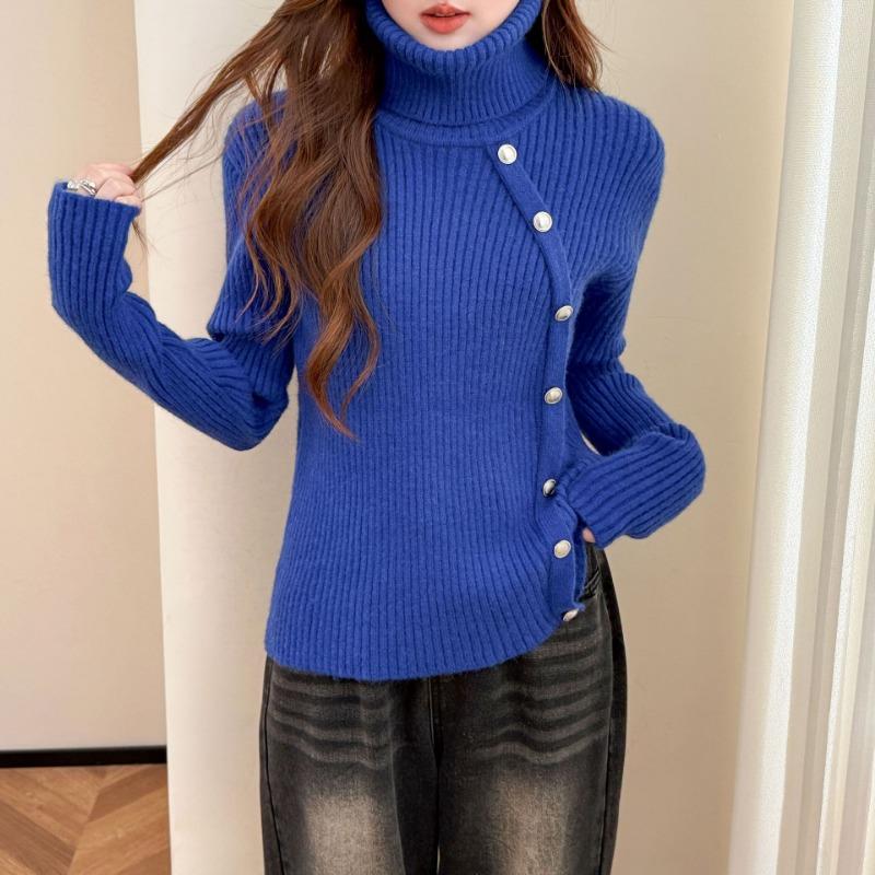 

Осень Зима Высокий Воротник Винтажный Однотонный Свитер Женский Свободный Повседневный Вязаный Универсальный Пуловер на Пуговицах onesize синий